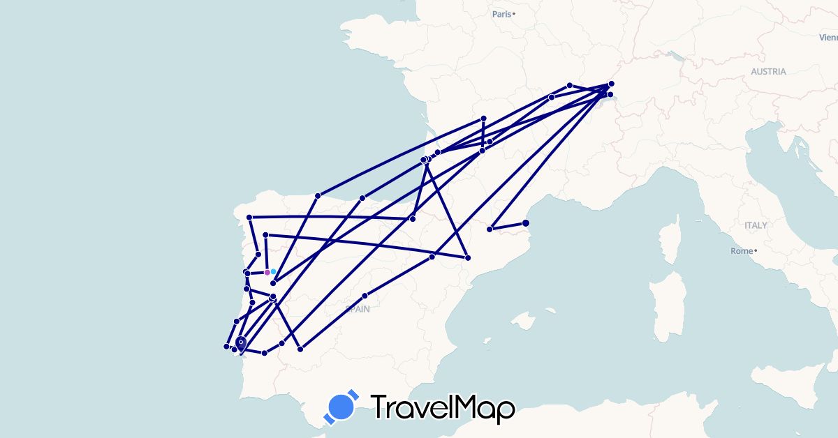 TravelMap itinerary: driving, train, boat in Andorra, Switzerland, Spain, France, Portugal (Europe)